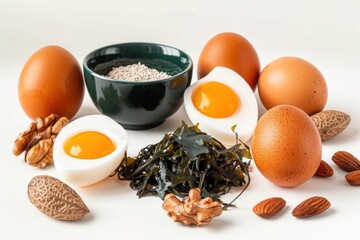 seaweed, eggs, and nuts beneficial for thyroid function on a pure white background.