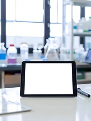 Naklejka premium A tablet with a blank white screen resting on a desk in a science lab, with lab equipment and safety goggles nearby, creating a dynamic education environmen