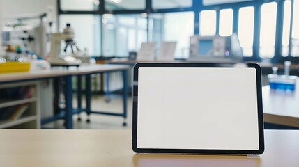 A tablet with a blank white screen resting on a desk in a science lab, with lab equipment and safety goggles nearby, creating a dynamic education environmen