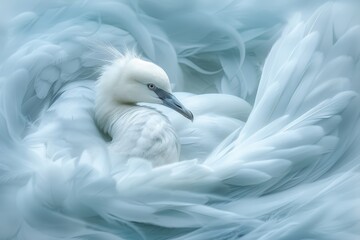 Obraz premium White Bird, Peaceful Moment Small White Bird Nestled in Gentle Waves of Pastel Blue Feathers