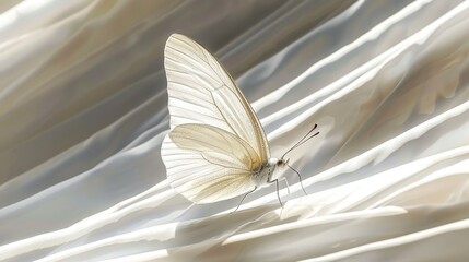Delicate white butterfly on silky, flowing material, bathed in soft, beautiful light.