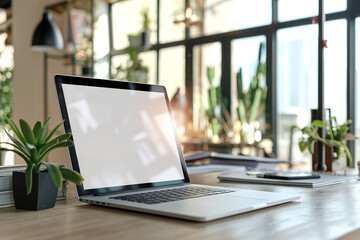 Fototapeta premium Blank Laptop Screen on Wooden Desk, Sunlit Modern Office
