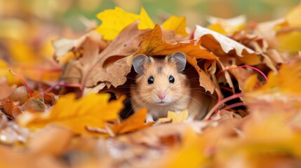 Cute hamster peeking out from a pile of vibrant autumn leaves, showcasing the playful side of fall.