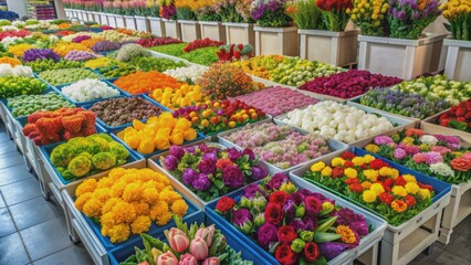 Vibrant assortment of fresh flowers precisely arranged in chilled storage boxes, awaiting global shipment and retail distribution to flower shops.