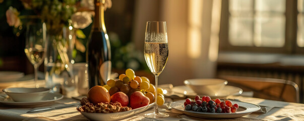 stylish wine setting with a bottle of sparkling wine, a flute glass and a set of fresh fruits and nuts on a white tablecloth,