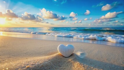 Serenely lit white heart-shaped seashell rests on pristine sandy beach with gentle blue waves and vast calm ocean in background.