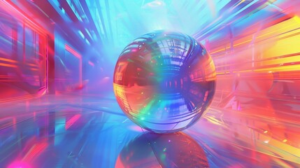 A colorful ball is reflected in a mirror