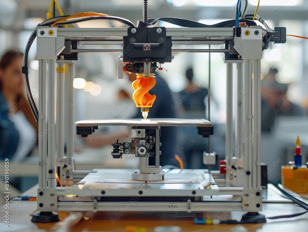 Aufkleber a 3d printer creating an orange plastic spiral object in a workshop