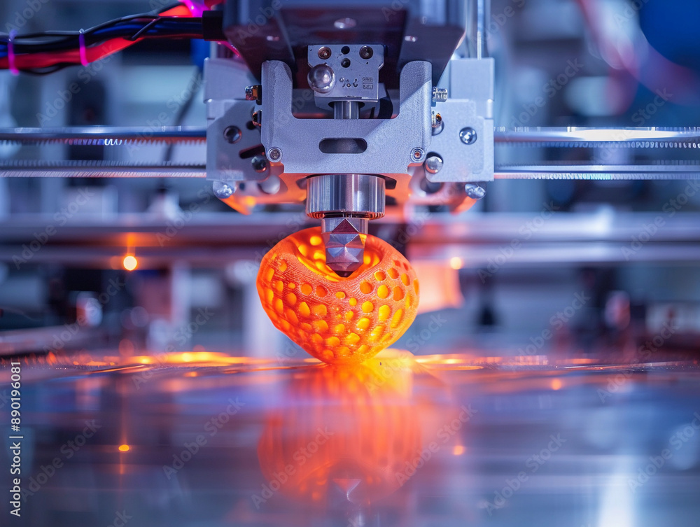 Poster 3d printer creating a red heart shaped object