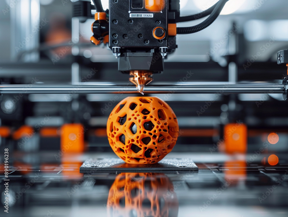 Poster 3d printer creating an orange sphere in a factory setting