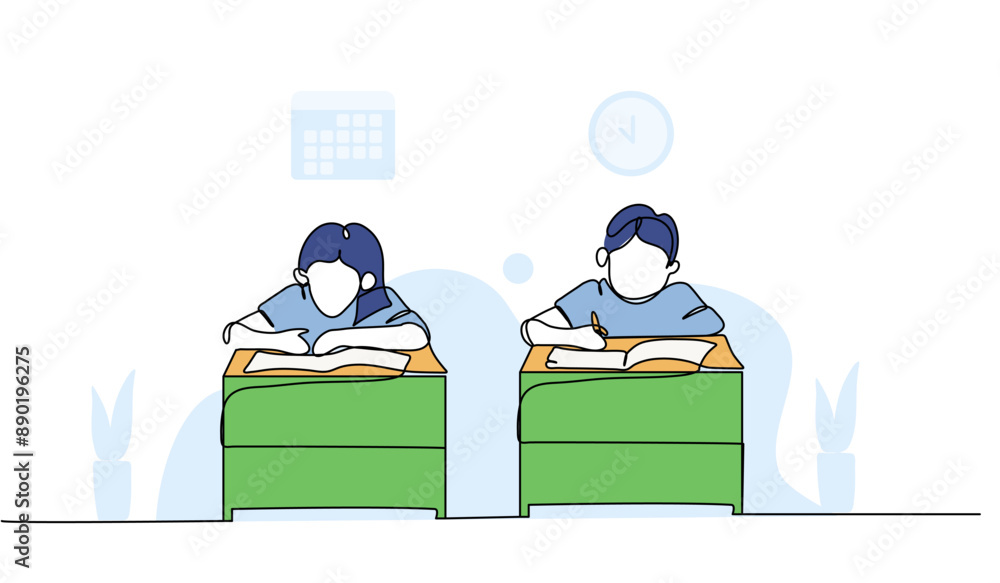 Poster vector illustration of students are doing assignments. modern flat in continuous line style.