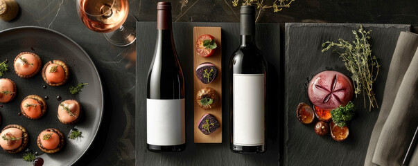 A refined arrangement featuring a bottle of red wine and gourmet appetizers, including a glass of rosé wine, elegantly plated dishes with herbs, figs, and a dark textured background.