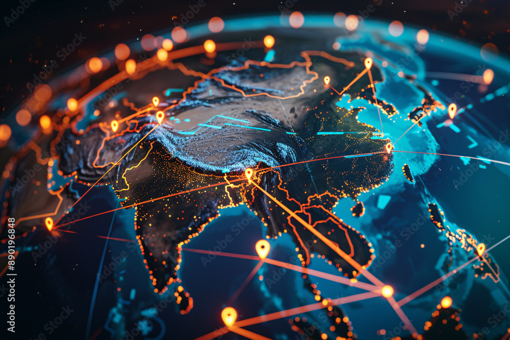 Poster an illuminated globe with connecting lines and dots, showcasing global communication and internation