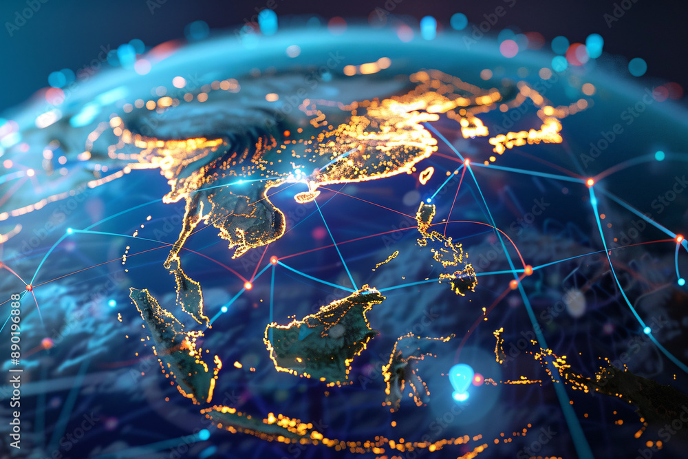 Poster globe with glowing lines and dots, emphasizing worldwide connectivity and trade networks
