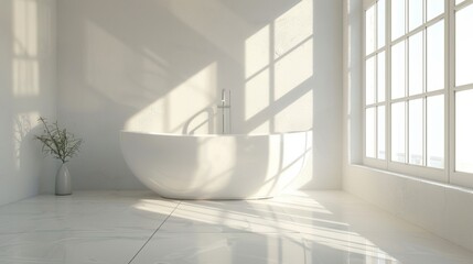 A white bathroom with a large bathtub and a window
