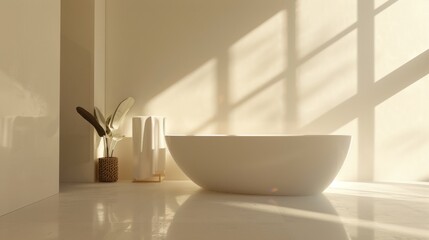 A white bathtub sits in a bathroom with a window and a potted plant