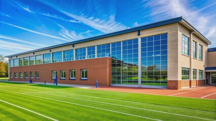 Modern brick gymnasium school building with large windows, bright blue doors, and a sprawling green athletic field in background.