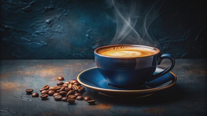 Rich aromas emanate from a velvety espresso pour in a navy blue cup set against a dramatic, mysterious dark background.