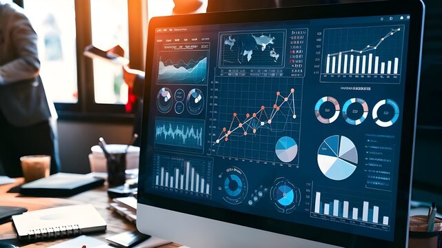 A computer screen displaying a complex array of financial reports and graphs. Pie charts, bar graphs, data analysis and line charts.