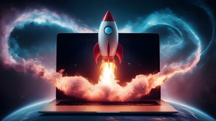 A space rocket launching from the screen of a high-tech laptop, startups, business launch.