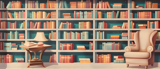 A cozy armchair sits in front of a wall of bookshelves filled with colorful volumes.