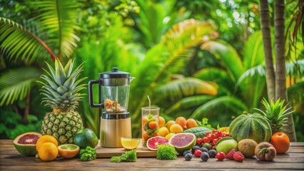 Vibrant green tropical outdoor setting with colorful fruits and blender on wooden table surrounded by lush greenery and fitness props.