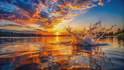 Vibrant sunset casts a warm glow on serene lake waters, disrupted by a splash, capturing the essence of joyous memories.