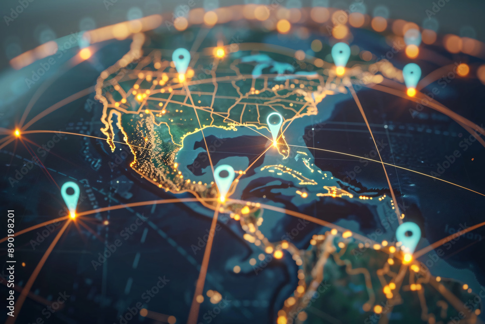 Poster an illuminated globe covered with connecting lines and dots, symbolizing global communication and tr