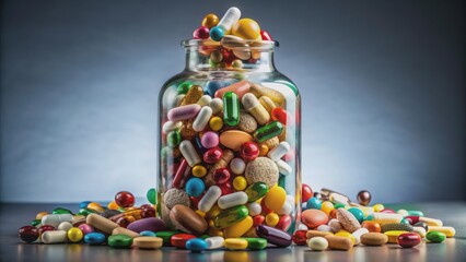 Colorful pills of various shapes and sizes cascade down into a clear glass bottle, representing drug dependency and supplement chaos.
