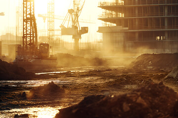Construction Site at Sunset with Heavy Machinery, Dusty and Industrial
