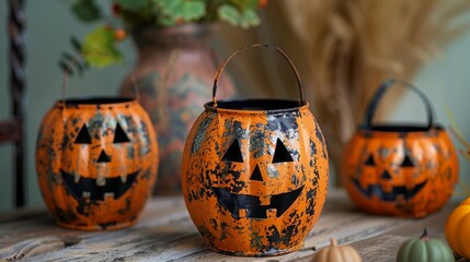 Three rustic metal Jack-o-lanterns with distressed finish closeup image. Vintage festive craft Halloween pumpkin close up photography. Spooky happy Helloween concept photo realistic