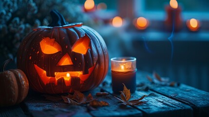Menacing Jack-o-lantern with eerie glow accompanied by lit candle closeup image. Festive craft Halloween pumpkin close up photography. Spooky happy Helloween concept photo realistic