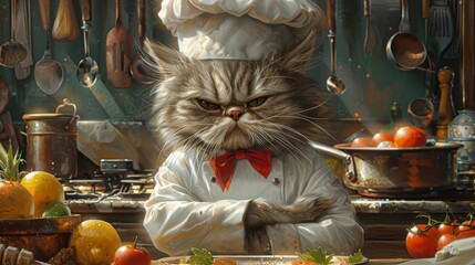 Grumpy cat chef in kitchen - generative ai