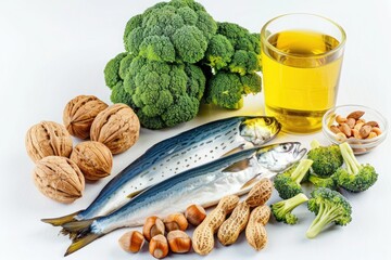 foods like oily fish, nuts, and broccoli that support joint health on a pure white background.