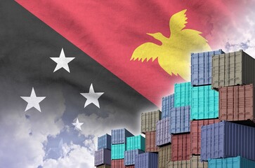 Papua New Guinea flag and big stack of shipping cargo containers in docks with sky background close up