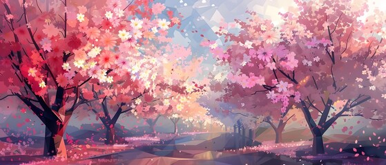 Pink cherry blossom trees in a dreamy forest setting.