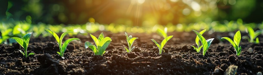 Fototapeta premium Young green seedlings growing in fertile soil under sunlight, symbolizing growth, sustainability, and the beginning of a farming journey.