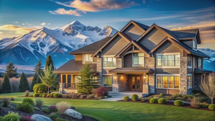 Serene lonely suburban residence with vast windows overlooking majestic snow-capped mountain range on a clear blue sky background. - Powered by Adobe