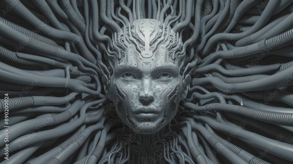 Poster a computer generated image of a human head surrounded by wires, ai