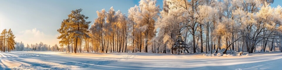 Snow Trees. Frosty Evening in a North Park - Beautiful Winter Panorama