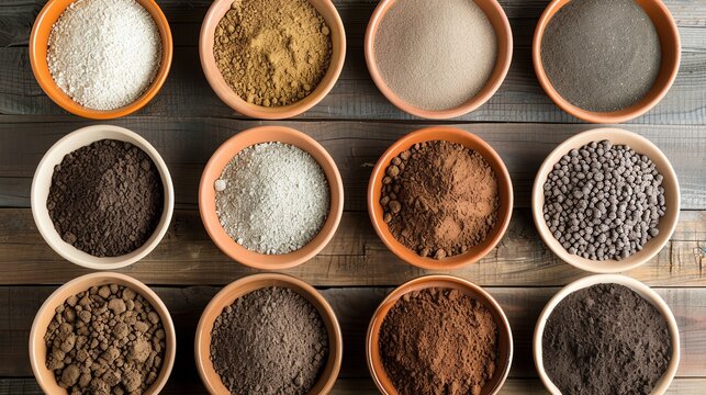 A top view of assorted soil samples arranged in clay bowls, featuring a variety of colors and textures. This collection showcases the diversity and richness of soil types from different regions.