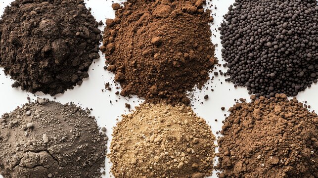 Diverse soil samples displayed in a grid pattern, showcasing different soil types and textures for agricultural and scientific purposes.