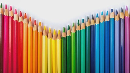 Vibrant colorful wooden pencils arranged in a striking wave pattern on a clean white background, evoking back-to-school excitement.