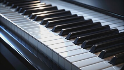 Naklejka premium Elegant grand piano keys glisten under soft studio lighting, awaiting fingers to create harmonious melodies.