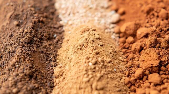 Different shades and textures of soil types arranged in parallel rows, highlighting variety and diversity in soil composition.