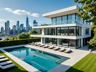 Fototapeta premium A modern and luxurious real estate property with a sleek design, large windows, spacious rooms, high ceilings, a beautiful garden with a swimming pool, and a stunning view of the city skyline