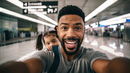 A man and a little girl taking selfie in an airport, AI