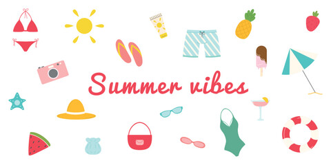 A set of summer illustrations, icons and decorations. Simple summer flat design elements in doodle style. Swimsuits, sunglasses, hat, cocktail, sun, pineapple and other flat design elements	
