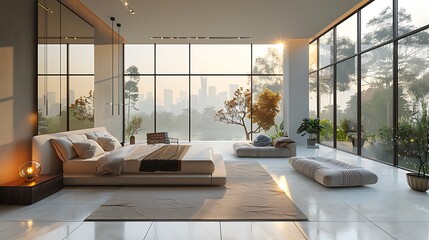 Modern minimalist bedroom with floor-to-ceiling windows and minimal furnishings.