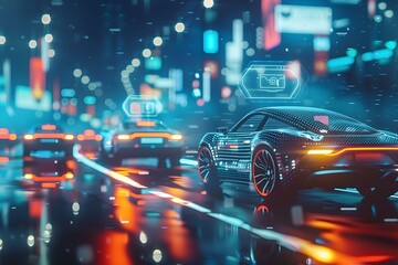 Futuristic cars with digital interfaces on a rainy night, showcasing advanced technology, connectivity, and modern design in a cyberpunk cityscape